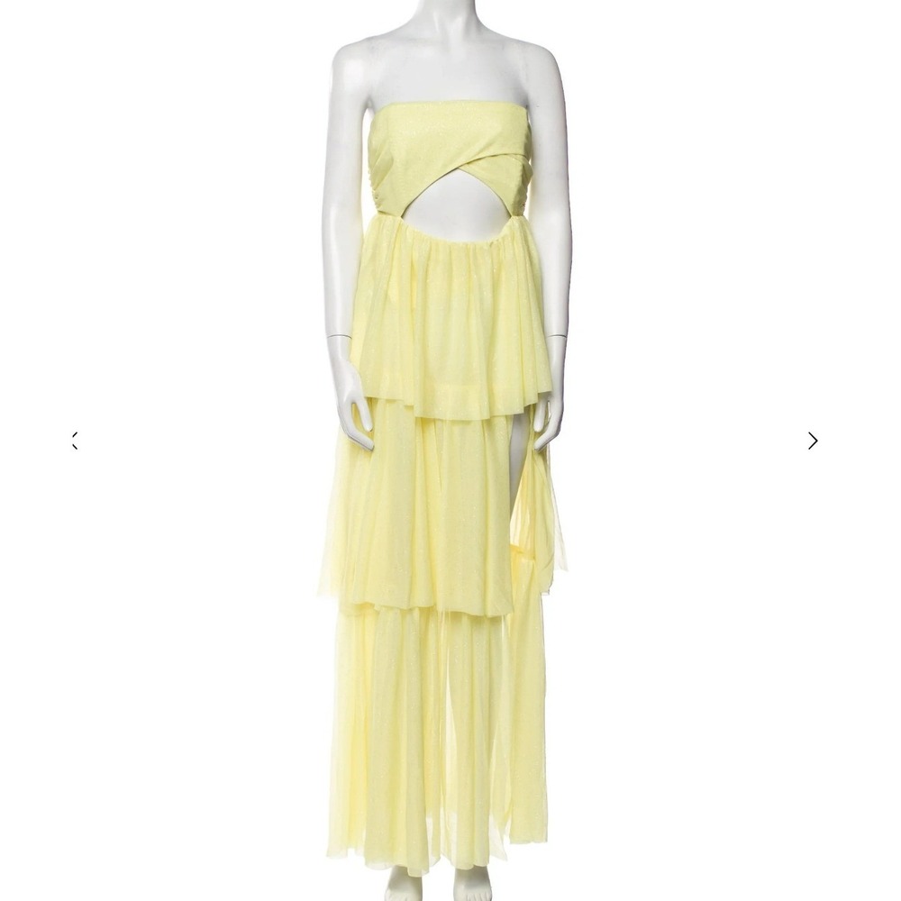 For Love & Lemons‎ NWT Yellow Glitter Tulle Tiered Maxi Gown M Cutout Strapless